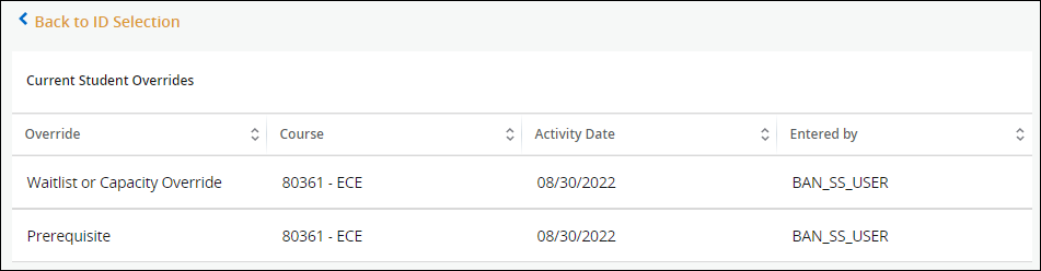 Screenshot of overview of student overrides